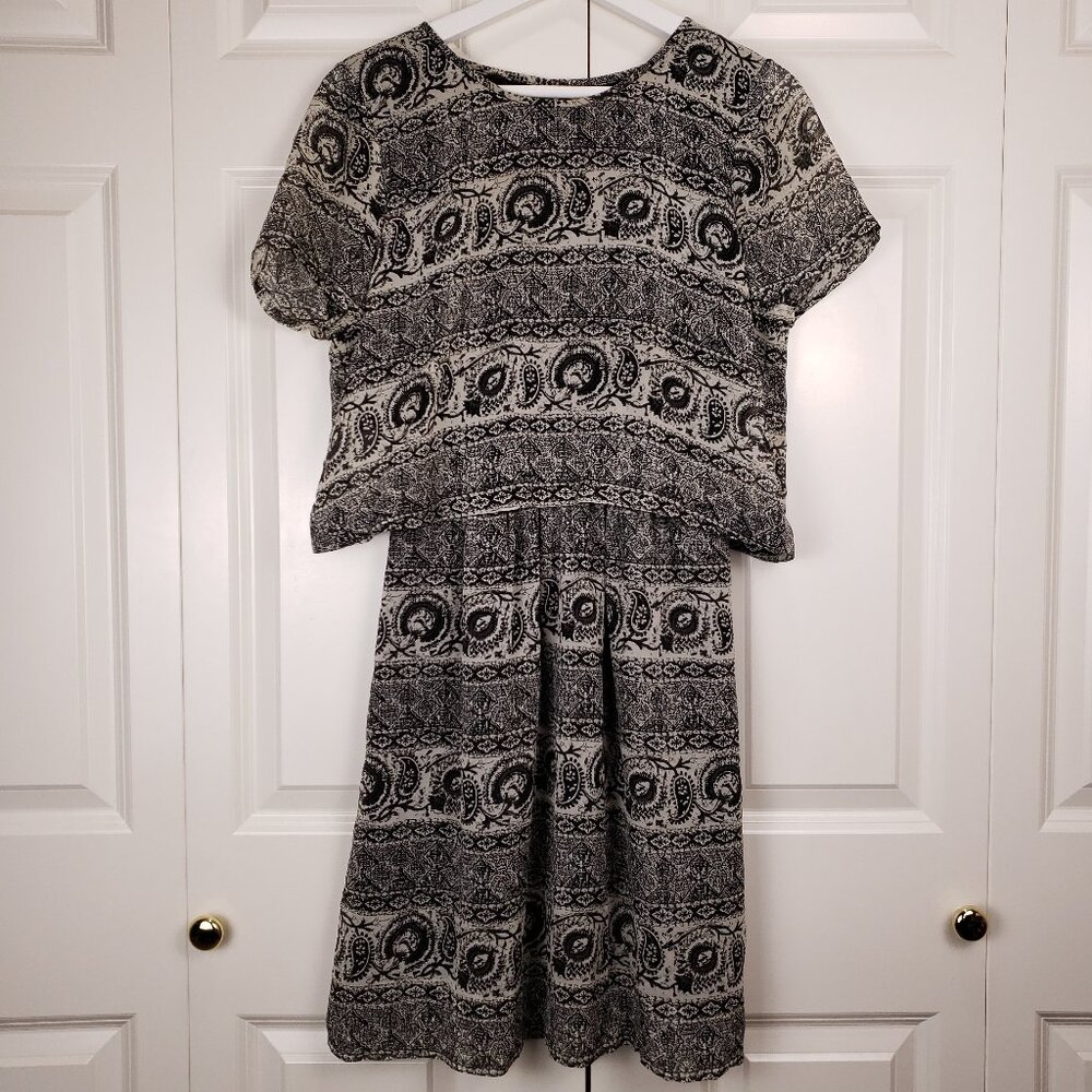 Madewell Dress Silk Black Geometric Floral Sundress Short Sleeve Open Back 0